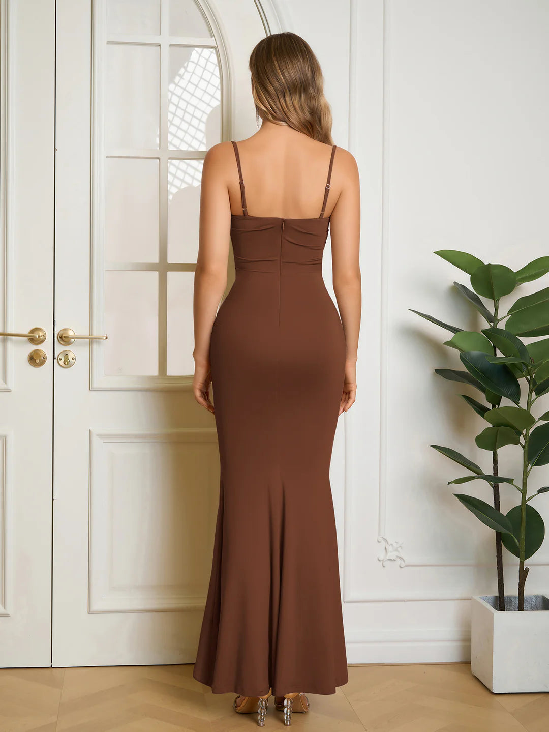 Maxi Dress Bodycon Mermaid Collar Cowl Draped Spaghetti Straps Gathered