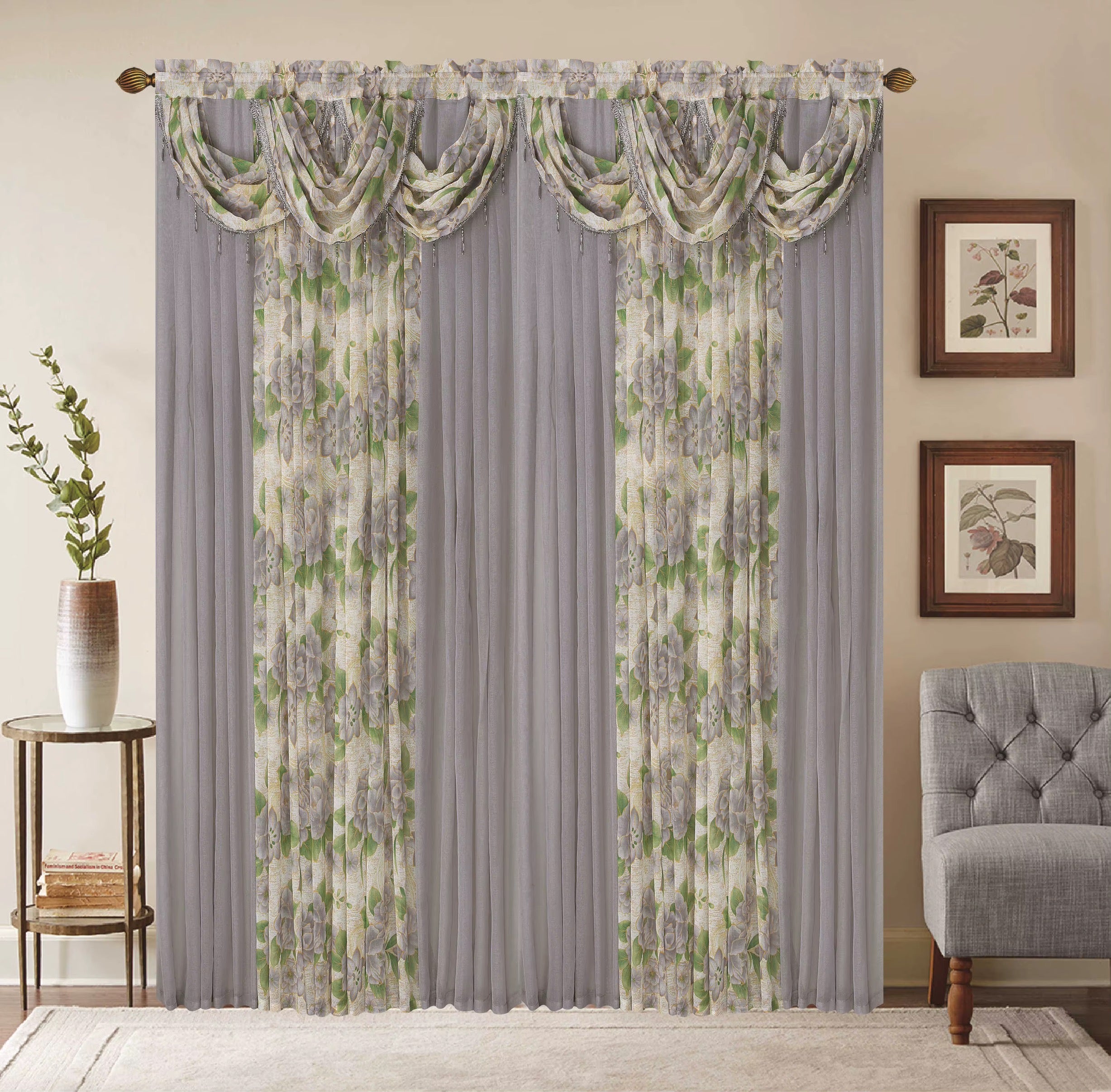 Window Curtain Set – Waterfall Valance with Beads, 2-Panel Set