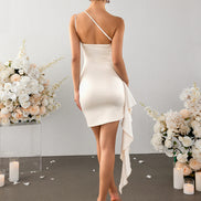 Bodycon One Shoulder Draped Asymmetrical Fluid Ruffle — Ivory Cream