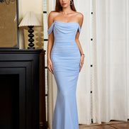 Long Off Shoulder Gathered Mermaid Cut Zip Back