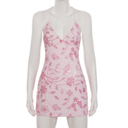 Floral Sequin Backless Dress