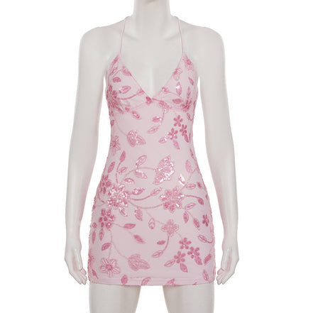 Floral Sequin Backless Dress