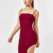 Frowning Decorative Pearls Back Zippered Side Slit - Bordeaux