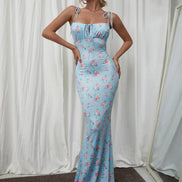 Maxi Mermaid Dress Satin Floral Fuchsia Straps to Tie Ruckled Bust