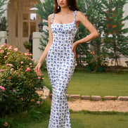 Maxi Mermaid Dress Satin Floral Fuchsia Straps to Tie Ruckled Bust
