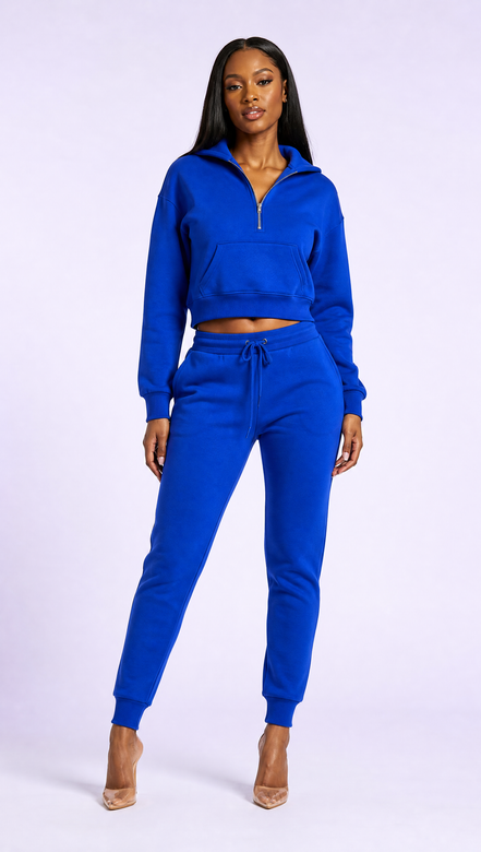 Sweat-shirt Court à Demi-Zippé pour Femme - Bleu Royal