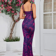 Maxi Mermaid Dress Satin Floral Fuchsia Straps to Tie Ruckled Bust