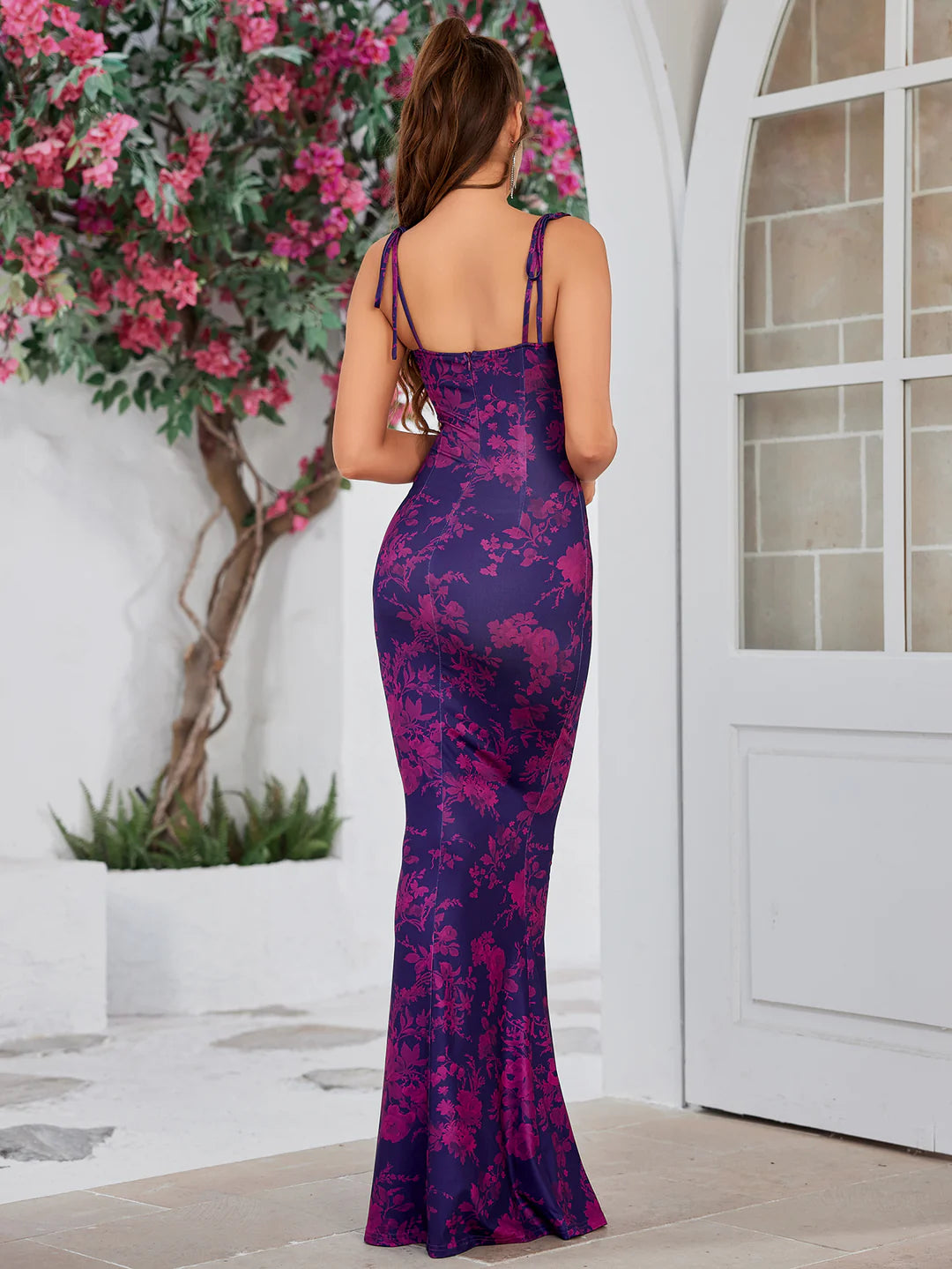Maxi Mermaid Dress Satin Floral Fuchsia Straps to Tie Ruckled Bust