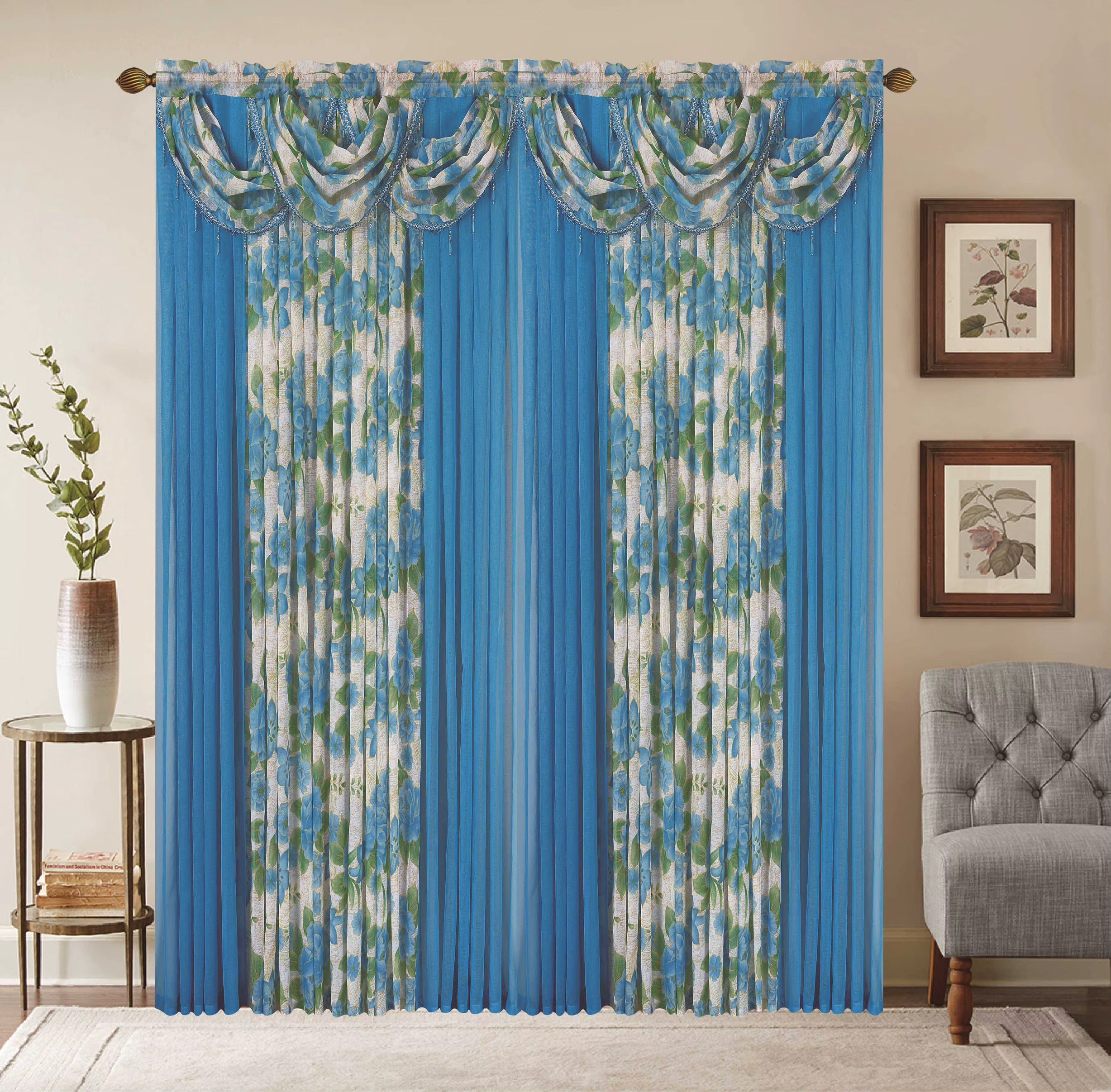 Window Curtain Set – Waterfall Valance with Beads, 2-Panel Set