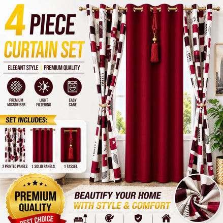 4-Piece Modern Curtain Set with Geometric Print and Matching Tiebacks