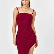 Frowning Decorative Pearls Back Zippered Side Slit - Bordeaux