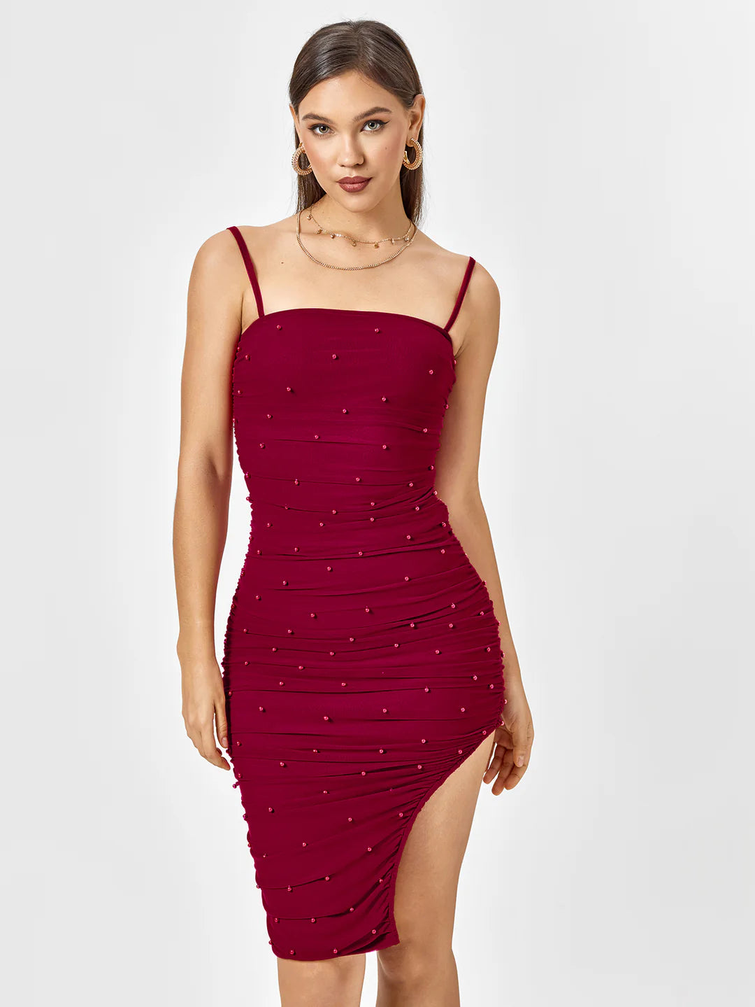 Frowning Decorative Pearls Back Zippered Side Slit - Bordeaux