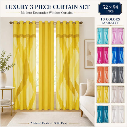 Modern Luxury 3 Piece Curtain Set with Geometric Pattern - 52x94 Window Drapes, 
10 Colors Available