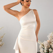 Bodycon One Shoulder Draped Asymmetrical Fluid Ruffle — Ivory Cream