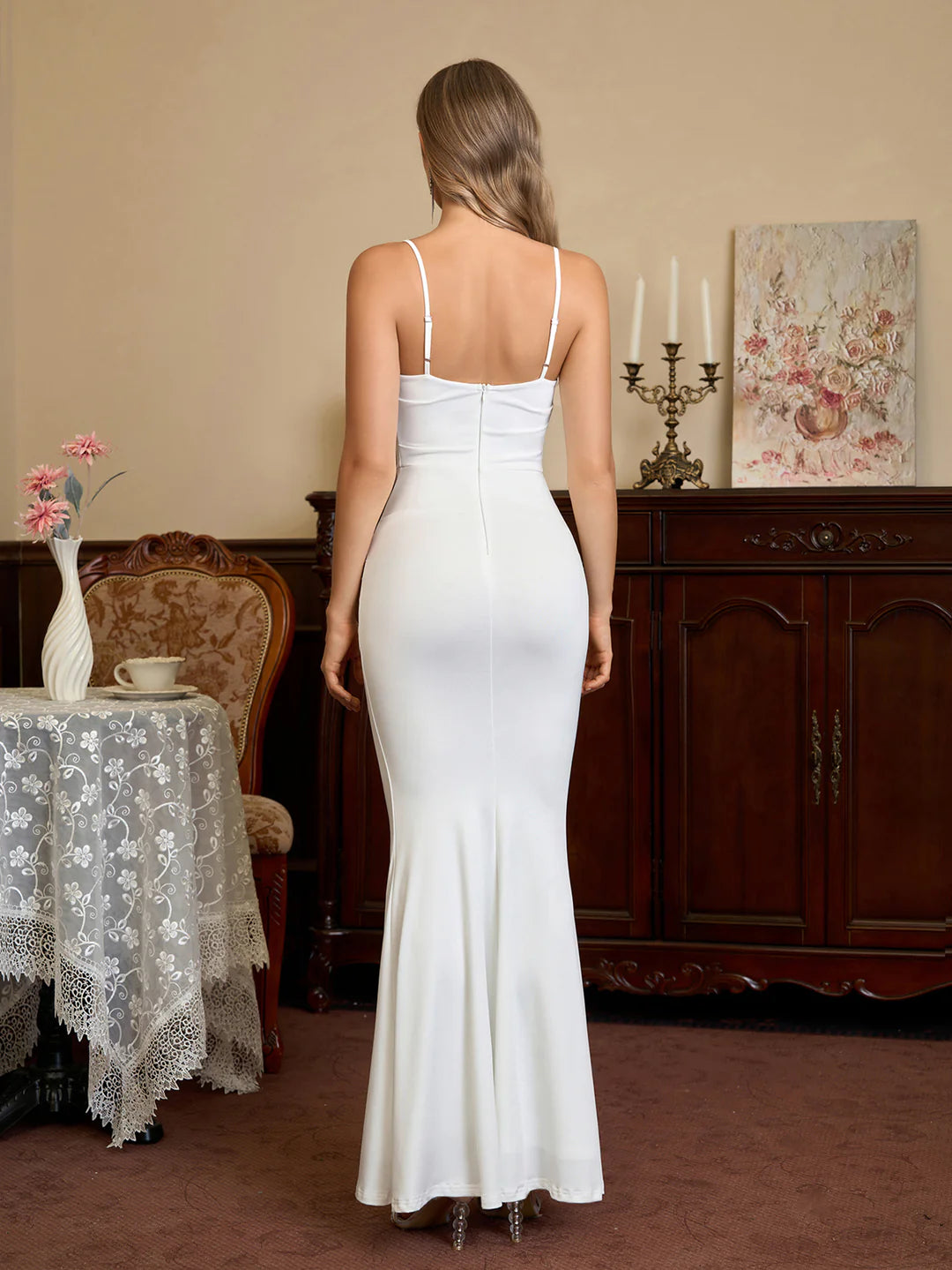 Maxi Dress Bodycon Mermaid Collar Cowl Draped Spaghetti Straps Gathered