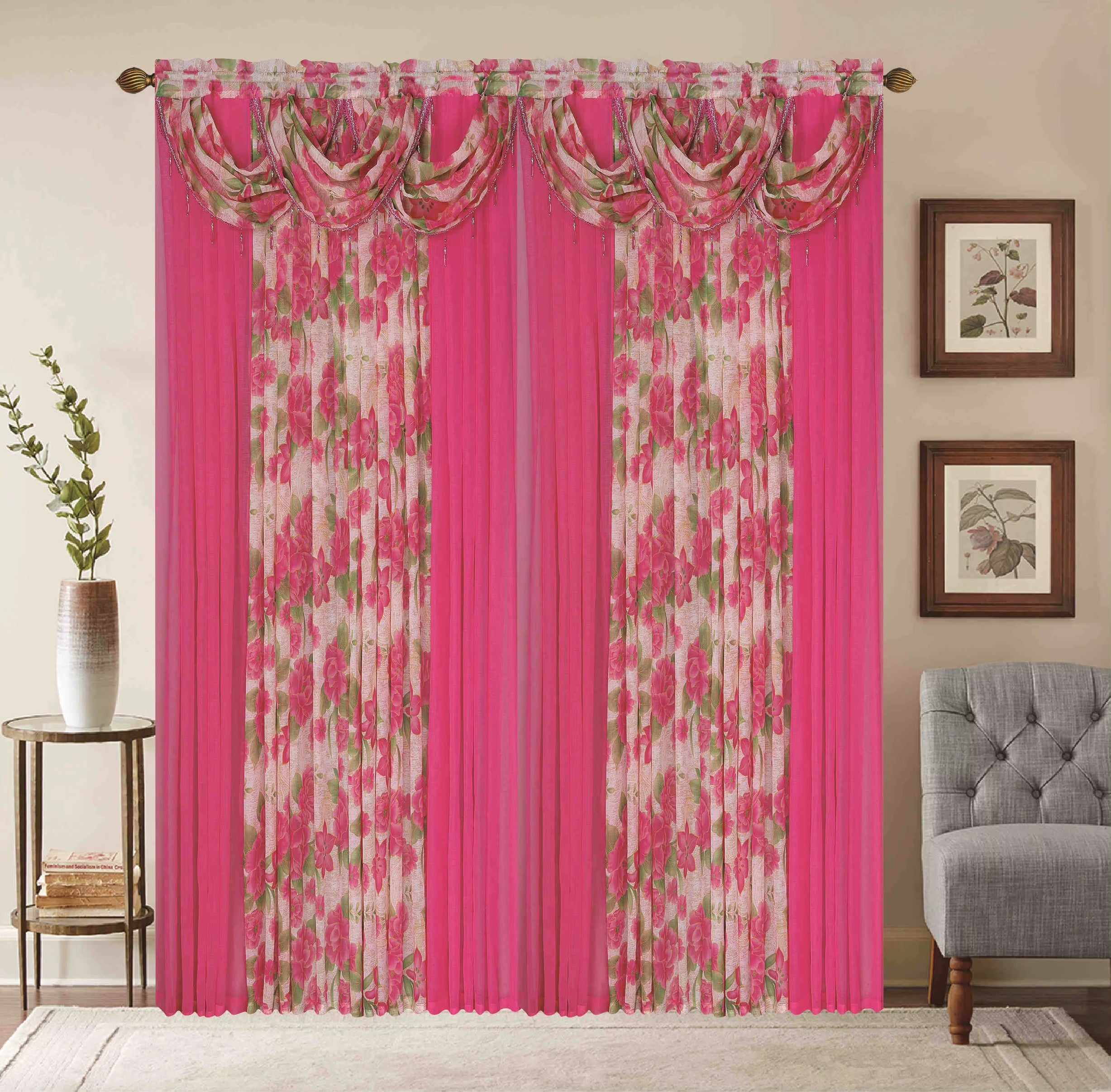Window Curtain Set – Waterfall Valance with Beads, 2-Panel Set