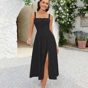 Women's Corset Style Midi Dress Square Neck Ruched Bust Crisscross Lace-Up Back Side Split