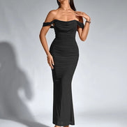 Long Off Shoulder Gathered Mermaid Cut Zip Back