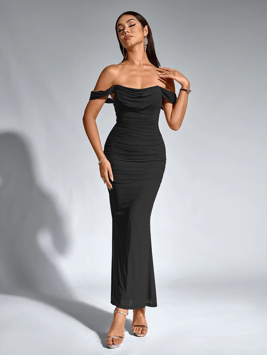 Long Off Shoulder Gathered Mermaid Cut Zip Back