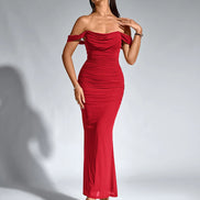Long Off Shoulder Gathered Mermaid Cut Zip Back