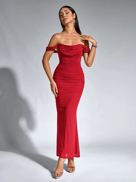Long Off Shoulder Gathered Mermaid Cut Zip Back