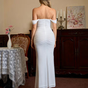 Long Off Shoulder Gathered Mermaid Cut Zip Back