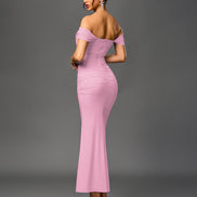 Long Off Shoulder Gathered Mermaid Cut Zip Back