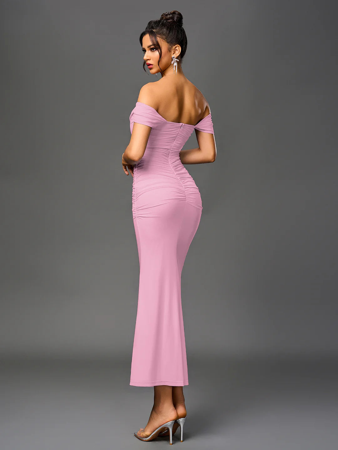 Long Off Shoulder Gathered Mermaid Cut Zip Back