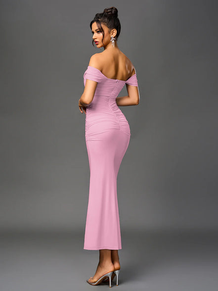 Long Off Shoulder Gathered Mermaid Cut Zip Back