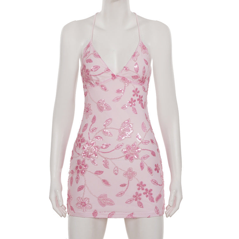 Floral Sequin Backless Dress