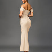 Long Off Shoulder Gathered Mermaid Cut Zip Back
