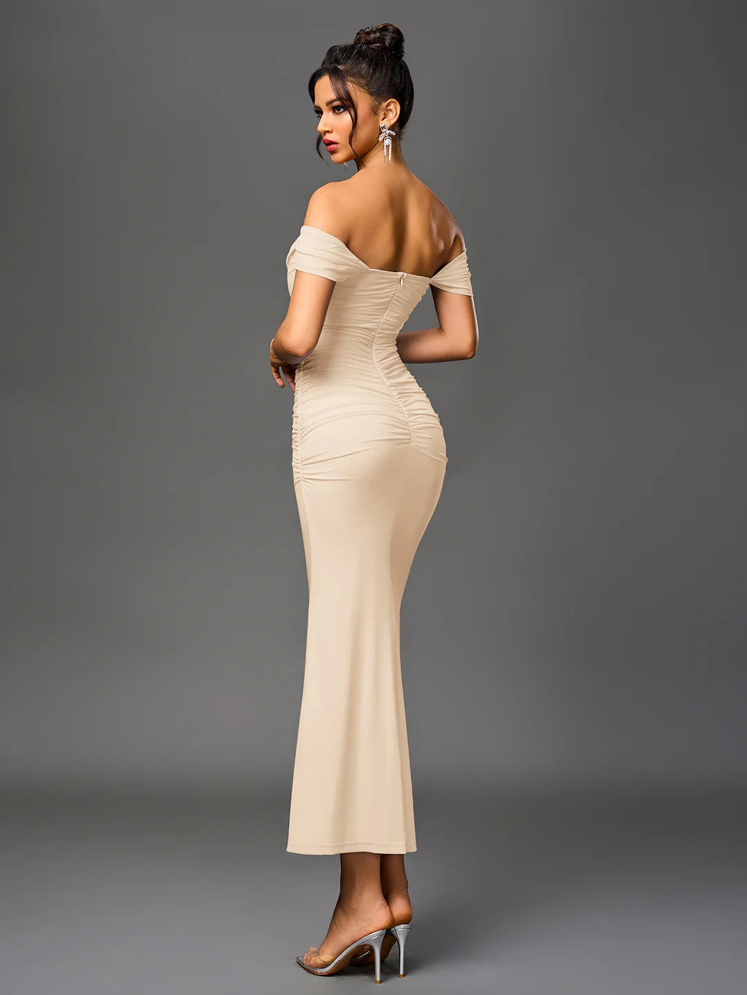 Long Off Shoulder Gathered Mermaid Cut Zip Back