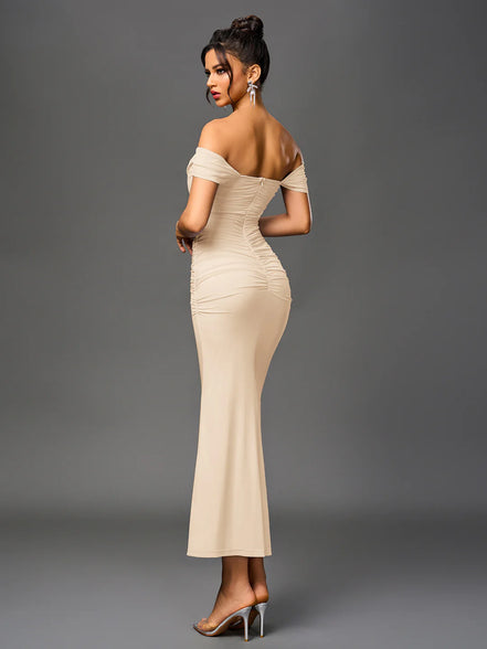 Long Off Shoulder Gathered Mermaid Cut Zip Back