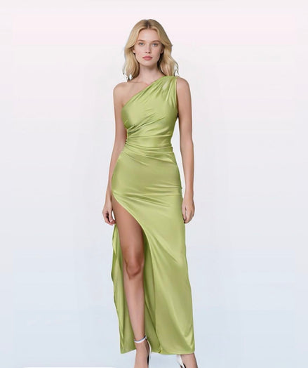One Shoulder Ruched Satin Dress