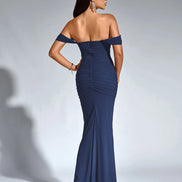 Long Off Shoulder Gathered Mermaid Cut Zip Back