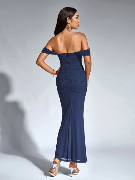 Long Off Shoulder Gathered Mermaid Cut Zip Back