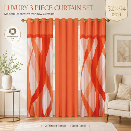 Modern Luxury 3 Piece Curtain Set with Geometric Pattern - 52x94 Window Drapes, 
10 Colors Available