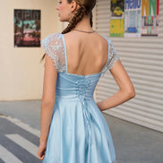 Satin Mini Evening Dress Square Neck Short Sleeves Lace Ruffled Skirt