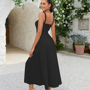 Women's Corset Style Midi Dress Square Neck Ruched Bust Crisscross Lace-Up Back Side Split