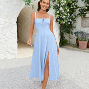 Women's Corset Style Midi Dress Square Neck Ruched Bust Crisscross Lace-Up Back Side Split