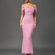 Long Off Shoulder Gathered Mermaid Cut Zip Back