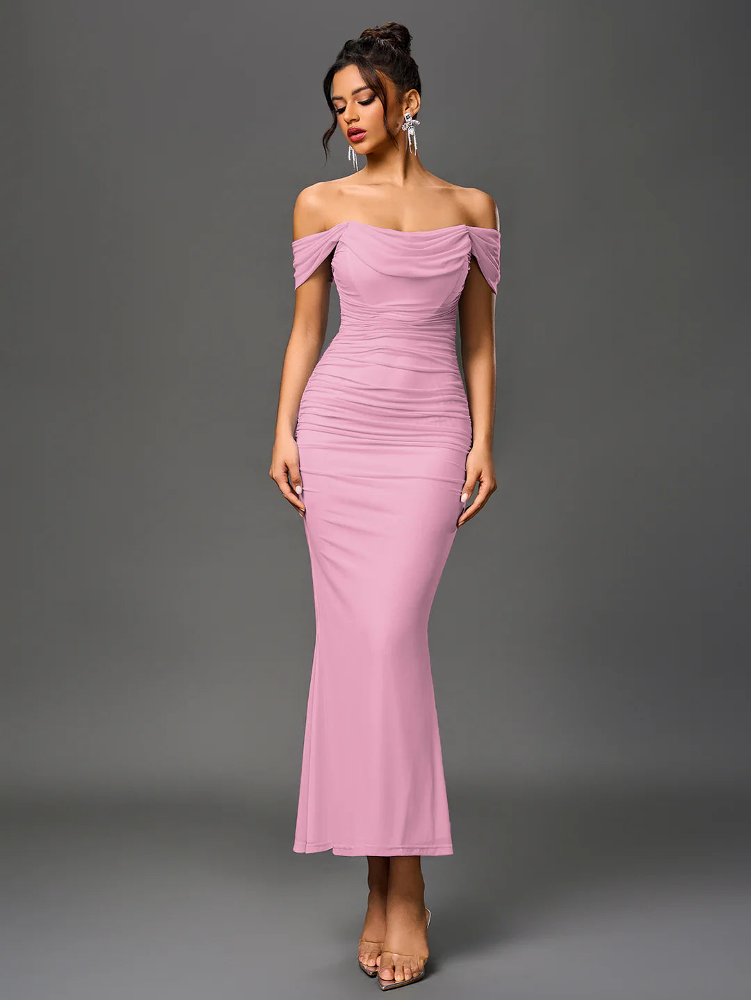 Long Off Shoulder Gathered Mermaid Cut Zip Back