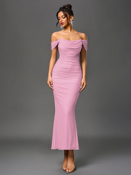 Long Off Shoulder Gathered Mermaid Cut Zip Back
