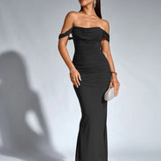Long Off Shoulder Gathered Mermaid Cut Zip Back