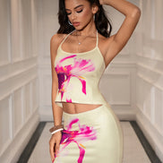 Set 2 Pieces Crop Top Floral Print Heaver Open Back & Bodycon Mini Skirt - Beige/Pink Fuchsia