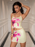 Set 2 Pieces Crop Top Floral Print Heaver Open Back & Bodycon Mini Skirt - Beige/Pink Fuchsia
