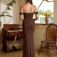 Long Off Shoulder Gathered Mermaid Cut Zip Back