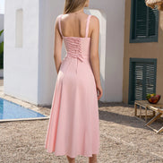 Women's Corset Style Midi Dress Square Neck Ruched Bust Crisscross Lace-Up Back Side Split