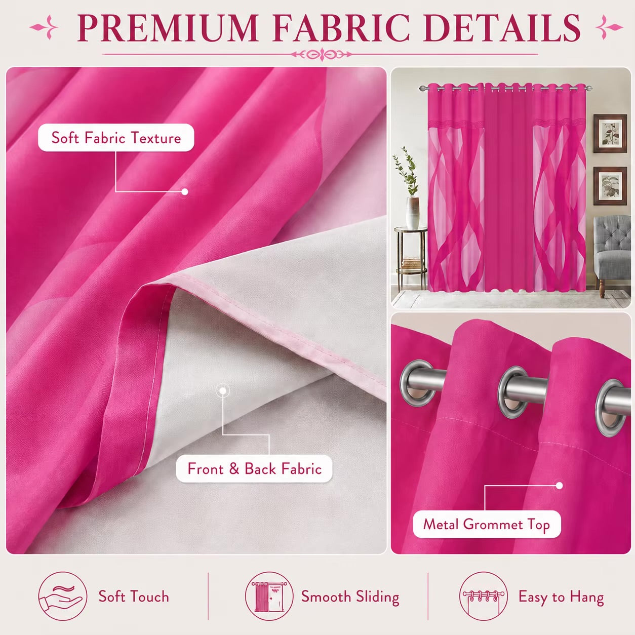 Modern Luxury 3 Piece Curtain Set with Geometric Pattern - 52x94 Window Drapes, 
10 Colors Available
