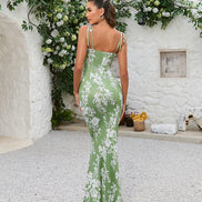 Maxi Mermaid Dress Satin Floral Fuchsia Straps to Tie Ruckled Bust
